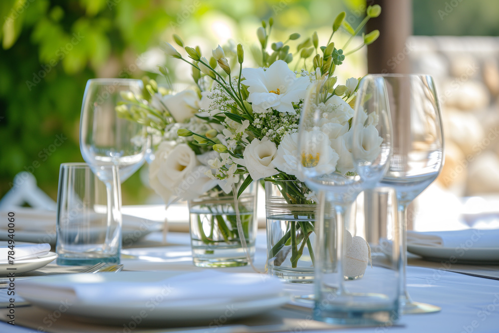 Elegance table setting for party, event, banquet, wedding outdoors with gentle pure white flowers.
