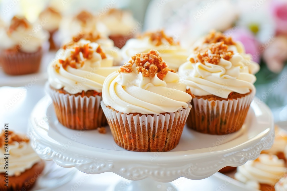 Elegant Carrot Cupcakes Topped With Cream Cheese Frosting on a Ceramic Stand Elegant Carrot Cupcakes Topped With Cream Cheese Frosting on a Ceramic Stand
