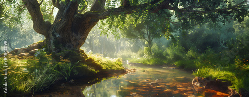 A forest with a pond and trees in the background A sun dappled forest scene with a variety of tree. © kalsoom