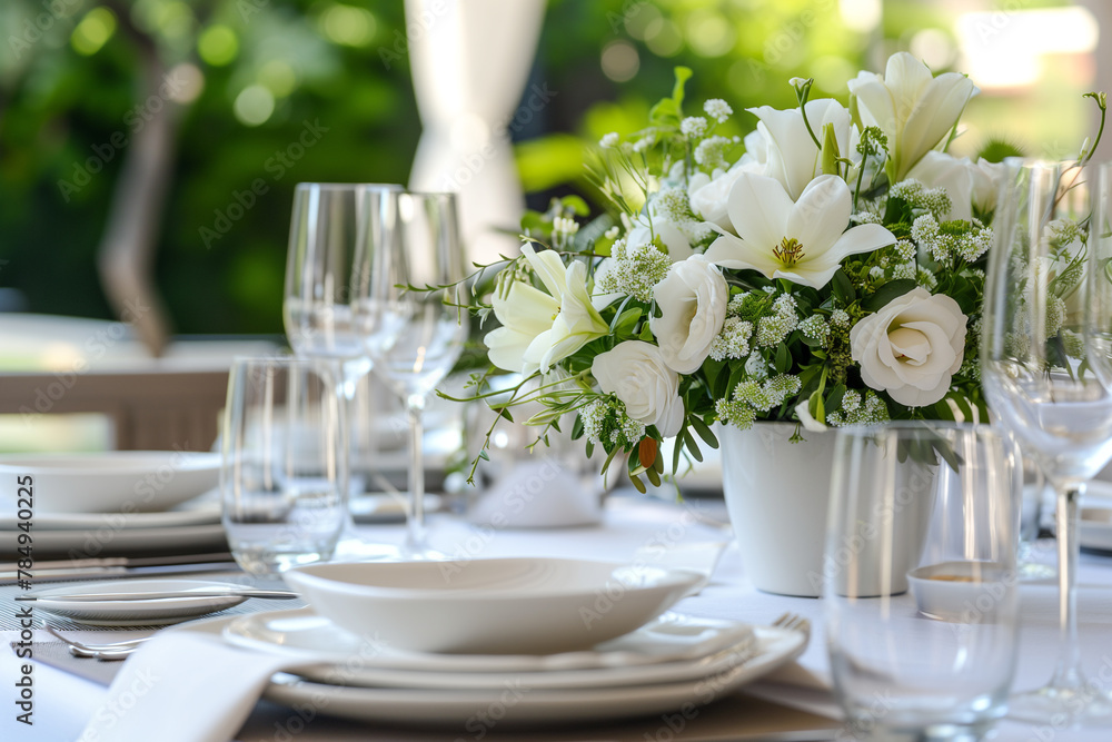 Elegance table setting for party, event, banquet, wedding outdoors with gentle pure white flowers. Elegance table setting for party, event, banquet, wedding outdoors with gentle pure white flowers.