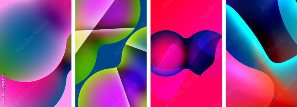 A vibrant collage of colorful abstract images featuring purple and violet hues, symmetry, petals, tints and shades, and electric blue accents in rectangular shapes