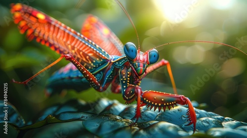 Mantis engaged in a territorial display, its vibrant colors accentuated by dramatic backlighting.