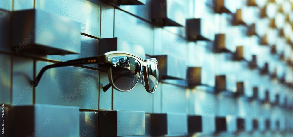 Sunglasses in black color, futuristic background, generative AI