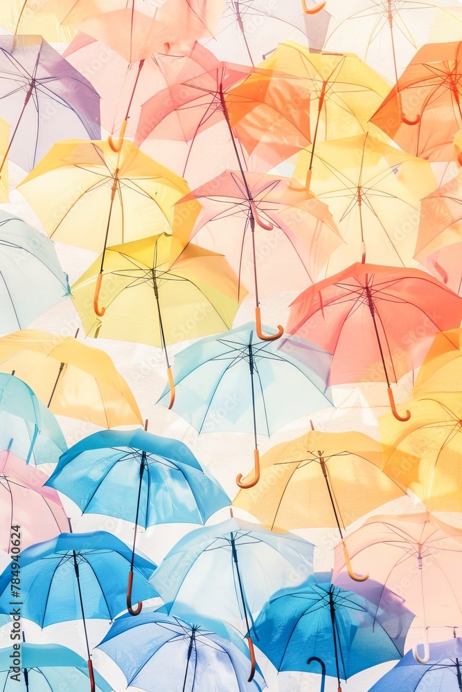 Obraz premium Array of Multicolored Umbrellas Opened Against a Bright Backdrop