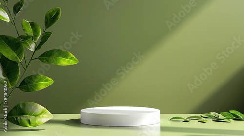 Beautiful round palstic empty podium with space for a product, light green background, for product stage, promote product mockup photo