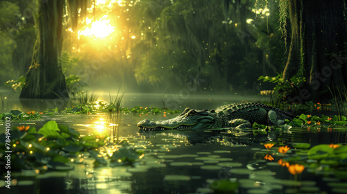 Alligator Gliding Effortlessly Through a Moss-Covered Cypress Swamp, Embodying Elegance and Stealth.