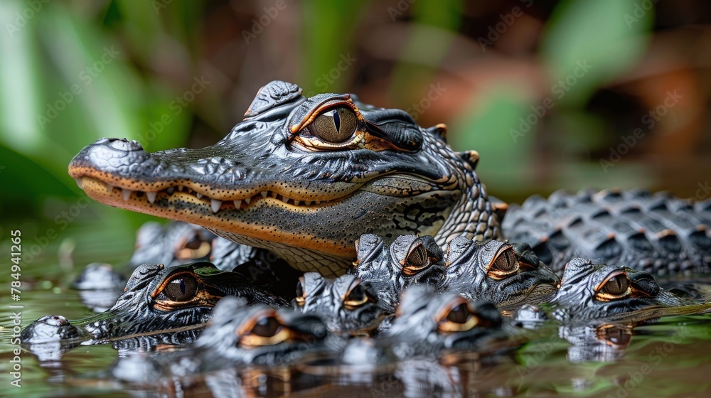 Obraz premium Alligator Hatchlings Emerging from Their Nest, Embarking on Their First Journey into the Water.