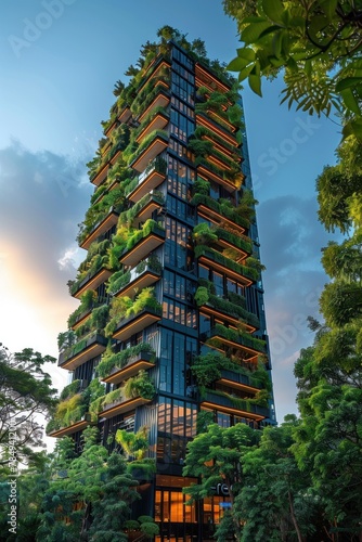 A tall building with a green roof and many trees growing on it.
