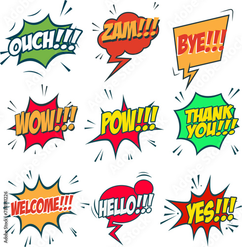 Set of comic style phrases isolated on white background. Pop art style phrases set. Wow! Oops! Whop!  Design element for poster, flyer. Vector design element.