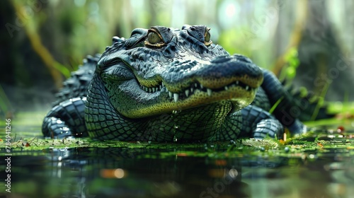 Alligator Gliding Effortlessly Through a Moss-Covered Cypress Swamp.