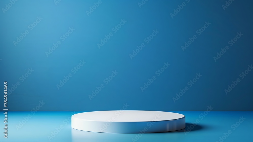 Beautiful round wooden empty podium with space for a product with plant elements, blue colors Beautiful round wooden empty podium with space for a product with plant elements, blue colors