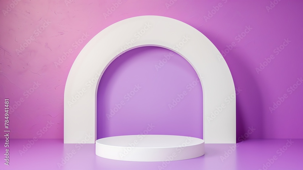 Beautiful round wooden empty podium with space for a product with plant elements, purpl colors Beautiful round wooden empty podium with space for a product with plant elements, purpl colors