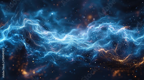 Abstract blue lightning with particles on black background