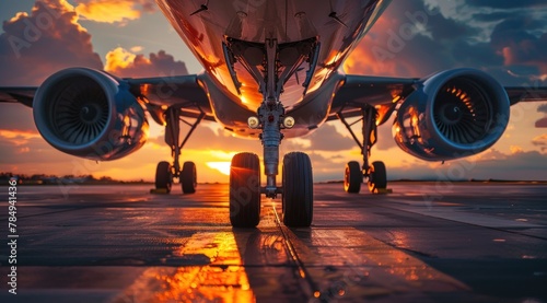 A large jet is on the runway with the sun setting in the background.