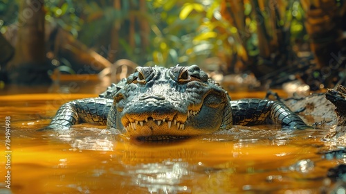 Crocodile Sunbathing on the Banks of a Tropical River, Its Powerful Jaws Agape.