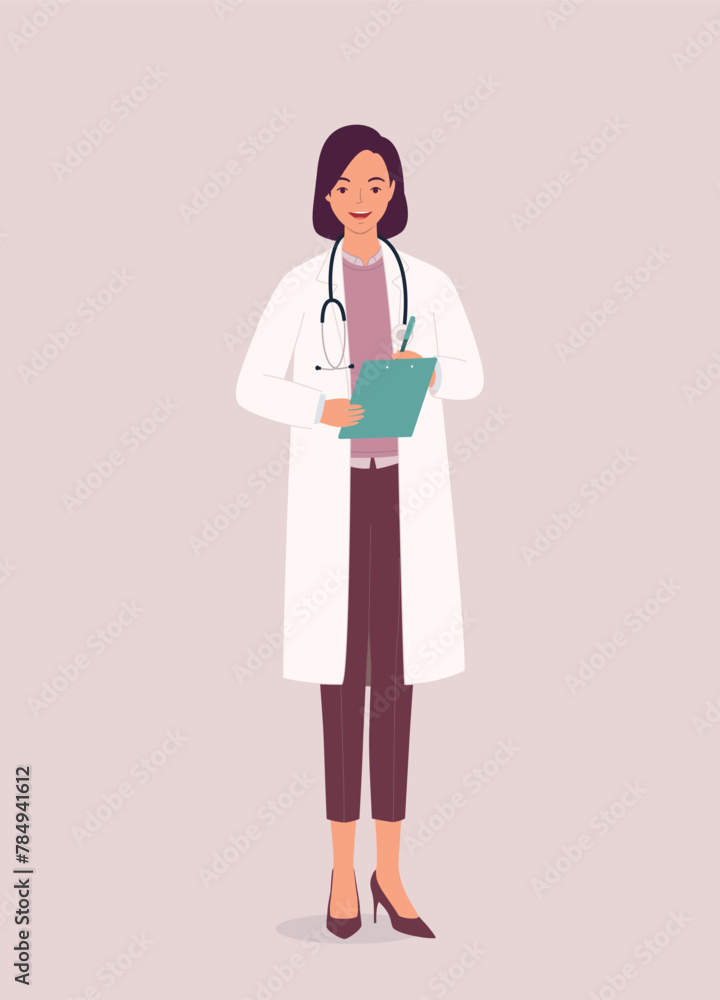 One Smiling Female Doctor With Stethoscope Standing While Holding A Clipboard And Pen. Full Length. One Smiling Female Doctor With Stethoscope Standing While Holding A Clipboard And Pen. Full Length.