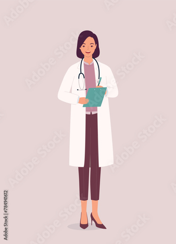 One Smiling Female Doctor With Stethoscope Standing While Holding A Clipboard And Pen. Full Length.