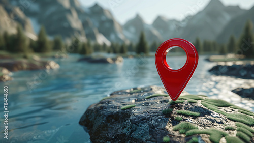 red location pin icon on the map with blue lake and mountains background