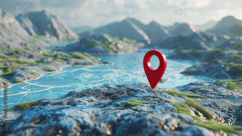 red location pin icon on the map with blue lake and mountains background