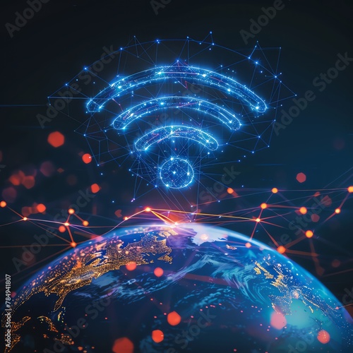 Floating WiFi symbol above a digital globe, global network concept, dark tech background photo