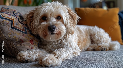 White labradoodle, more doodle than lab, with a friendly face sitting on a couch