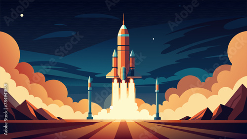 A storm of flames erupts from the rockets launch pad propelling it upwards with a deafening roar. The intense heat and smoke engulf all who