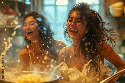 two girl teenagers having fun and laughing while making a mess while they are cooking pasta, in a kichen photo