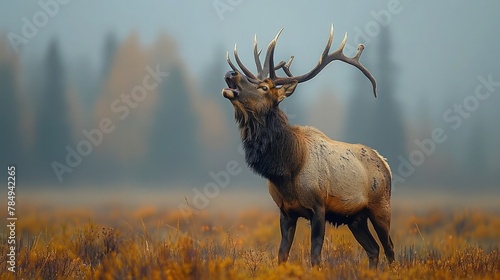 Elk Roaring Loudly During the Rutting Season, Asserting Dominance and Attracting Mates. photo