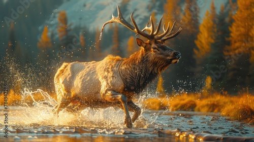 Elk Running Swiftly Across a river, Exuding Energy and Vitality.