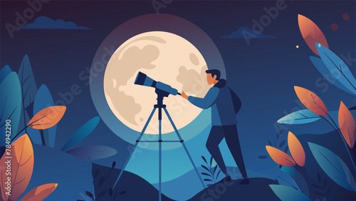 Perched atop a sy tripod the astronomers telescope points towards a brilliant full moon its luminous glow casting an ethereal light on their