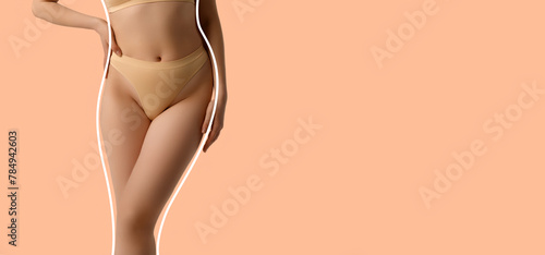 Young beautiful slim woman in lingerie, inner wear isolated over pink background. Drawings lines around body. Concept of healthy eating, dieting, weight loss and wellness.