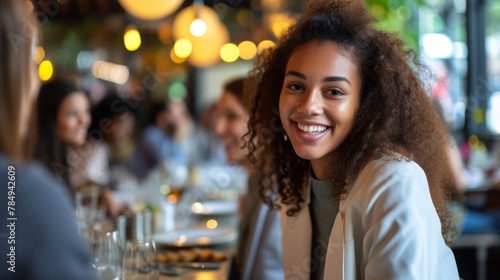 Happy entrepreneur talks to her coworkers during business lunch in restaurant