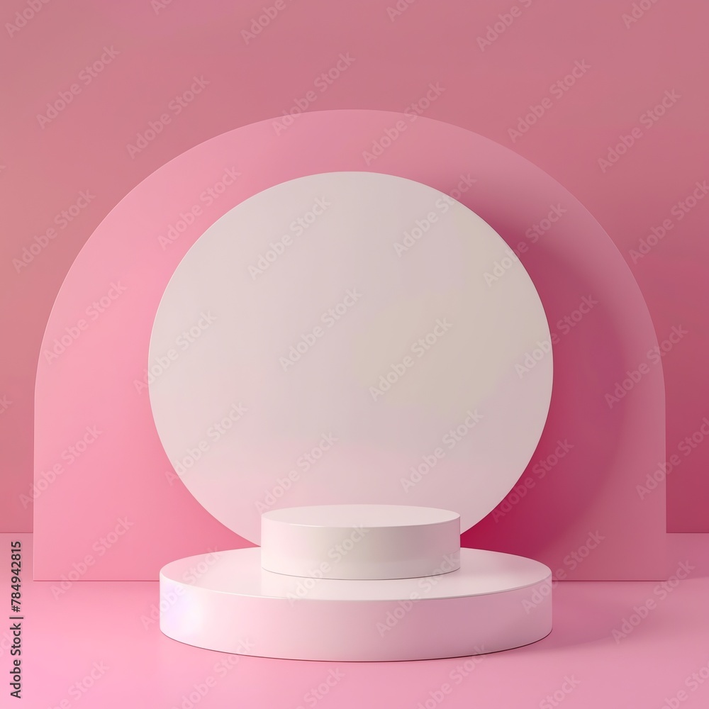 Beautiful round wooden empty podium with space for a product with plant elements, pink colors Beautiful round wooden empty podium with space for a product with plant elements, pink colors