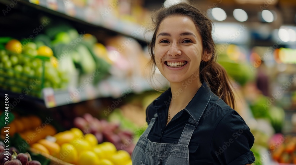 Happy female supermarket manager looking at camera Happy female supermarket manager looking at camera