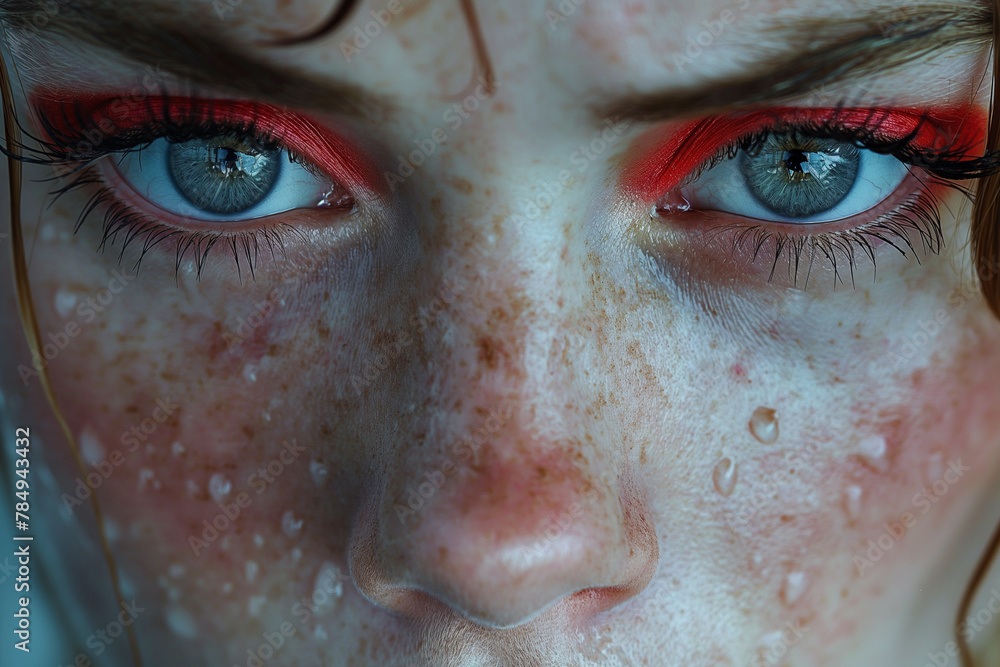 A woman with red eyes and red lipstick A woman with red eyes and red lipstick