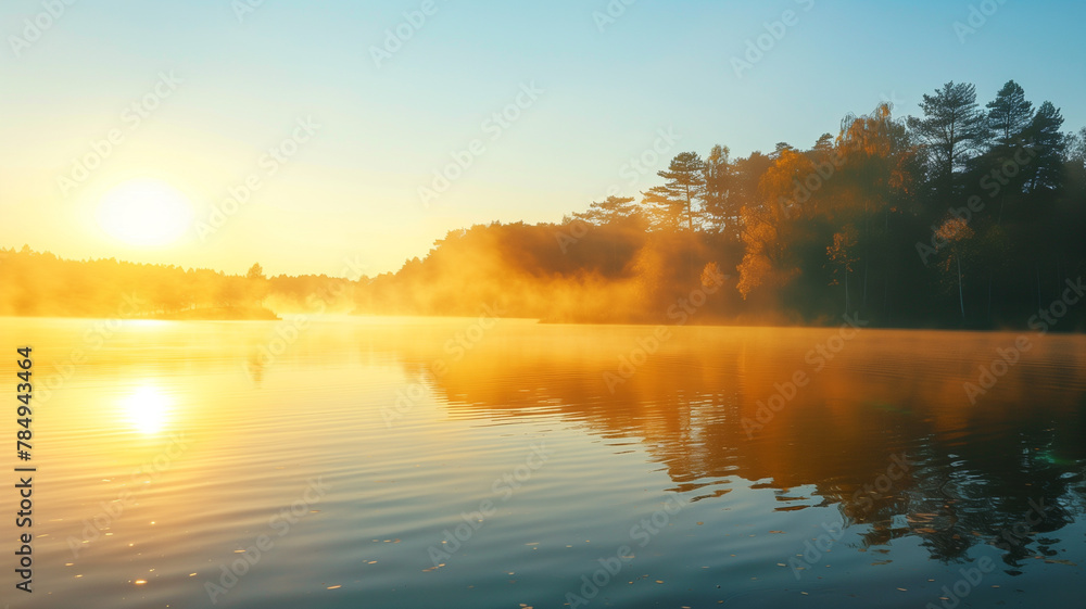 Golden Surface of a Calm Lake at Sunrise Golden Surface of a Calm Lake at Sunrise