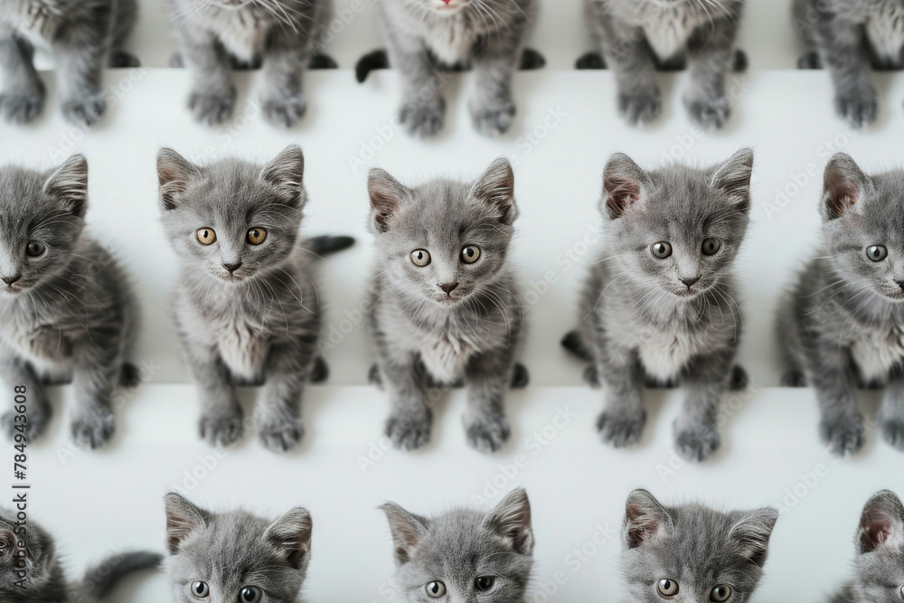 A playful group of adorable gray kittens stacking on top of each other in front of a clean white background