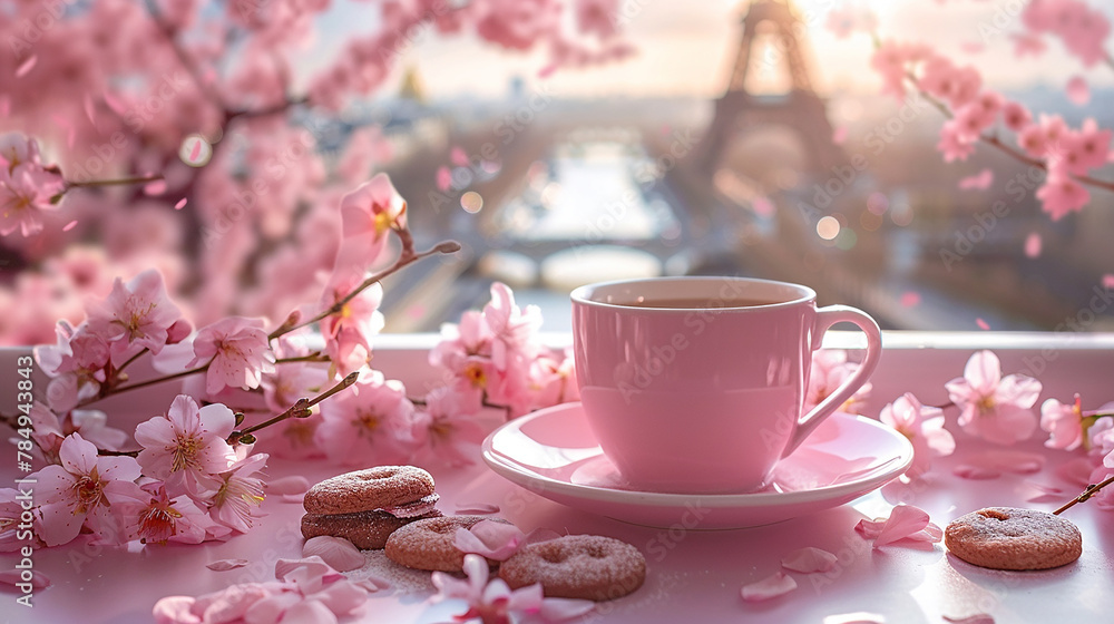 A cup of pink coffee, some small cherry blossom cakes A cup of pink coffee, some small cherry blossom cakes