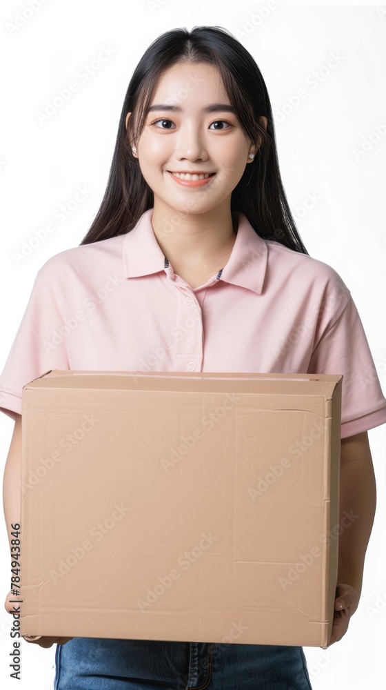 a woman asian logistic staff wearing pink shirt holding a big cardboard package, white background a woman asian logistic staff wearing pink shirt holding a big cardboard package, white background