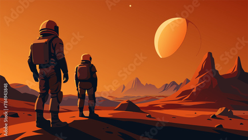 With their feet carefully planted on the rocky surface the astronauts gaze up at the enormous rustycolored Martian sky its alien beauty