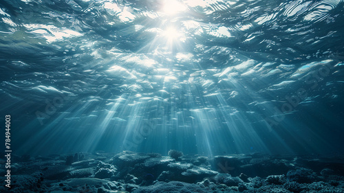 Underwater with sun rays shining through the water surface