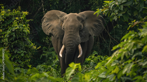 African elephant standing tall in a lush sanctuary, surrounded by vibrant greenery and tall trees