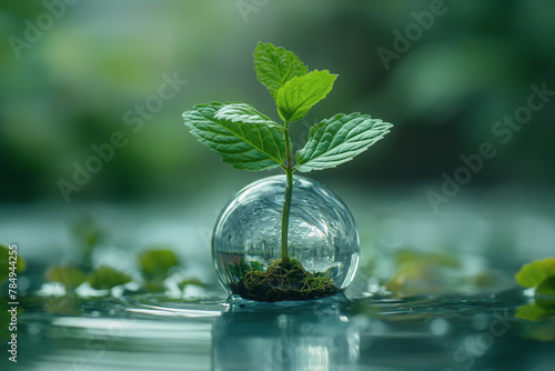 A small plant is floating in a glass ball filled with water