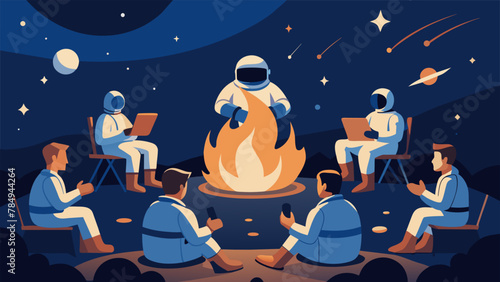 The gentle warmth of the campfire enveloped the astronauts bodies as they drifted aimlessly in the weightlessness of space. They swapped tales