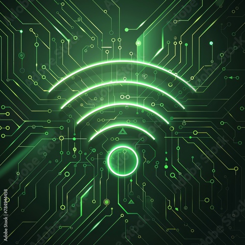 Luminous WiFi symbol on a circuit board pattern, tech connectivity, dark green abstract background