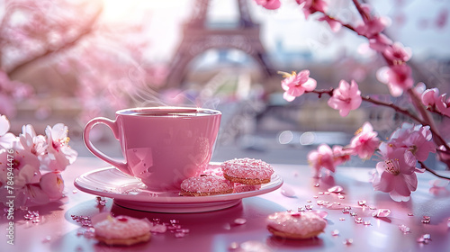 A cup of pink coffee, some small cherry blossom cakes