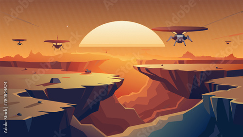 As the sun sets on a distant asteroid Automated Mining Drones equipped with powerful excavation tools swarm around a massive crater mining for