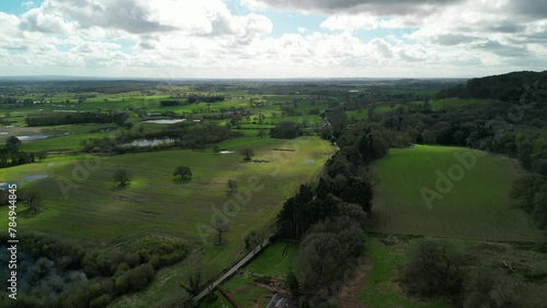 Springtime aerial drone flyover the Cheshire Plains from Beeston, England, UK photo