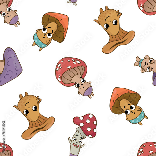 Seamless pattern with mushroom characters. Design for fabric, textile, wallpaper, packaging.   © Helga KOV