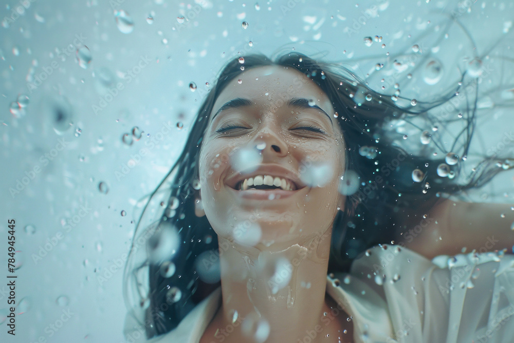 Joyful woman smiling in the rain with water droplets on her face and hair blowing in the wind Joyful woman smiling in the rain with water droplets on her face and hair blowing in the wind